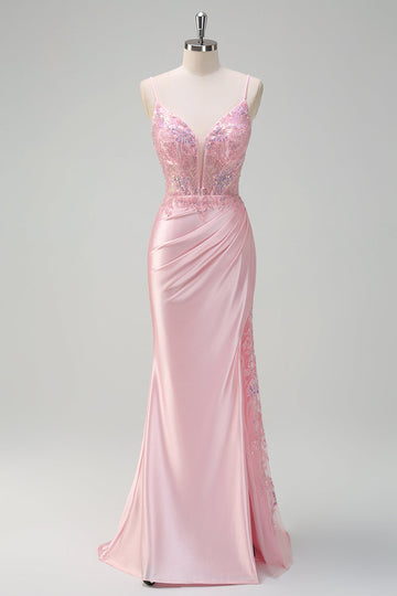 lentejuelas brillantes sirena rosa claro vestido de fiesta con corsé fruncido con abertura